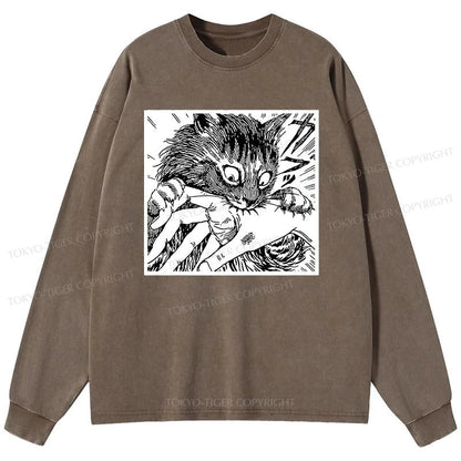 Tokyo-Tiger Creepy Cat Anime Horror Anteater Washed Long Sleeve T-Shirt