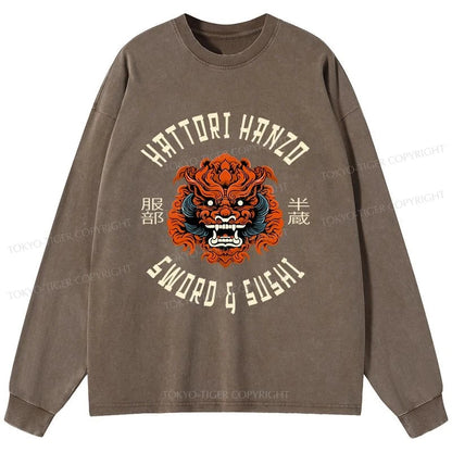 Tokyo-Tiger Japanese Hattori Hanzo Prints Washed Long Sleeve T-Shirt