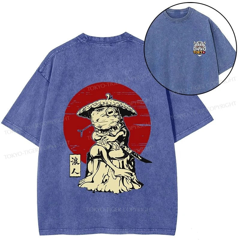 Tokyo-Tiger Rounin Japanese Frog Samurai Front Back Washed T-Shirt