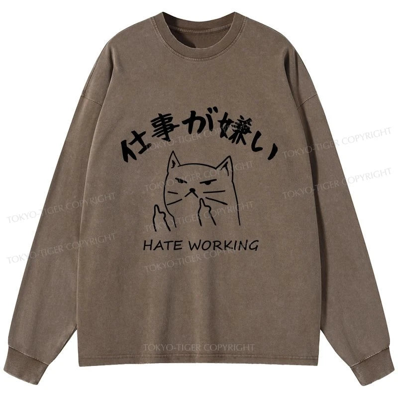 Tokyo-Tiger A Cat That Hates Work Washed Long Sleeve T-Shirt