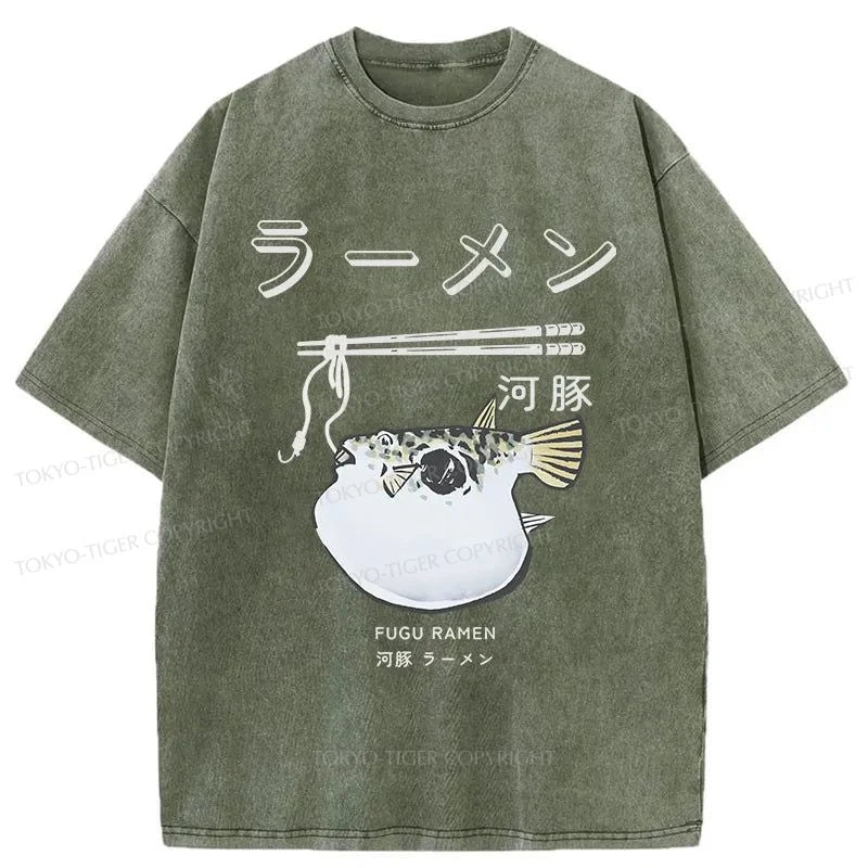 Tokyo-Tiger Pufferfish Eat Ramen Washed T-Shirt