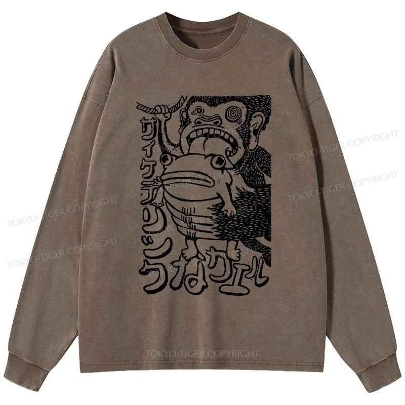 Tokyo-Tiger Orangutan Catches Frog Washed Long Sleeve T-Shirt