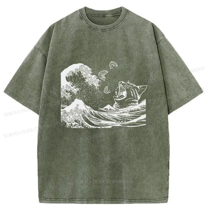 Tokyo-Tiger Wave And Cat Japanese Washed T-Shirt