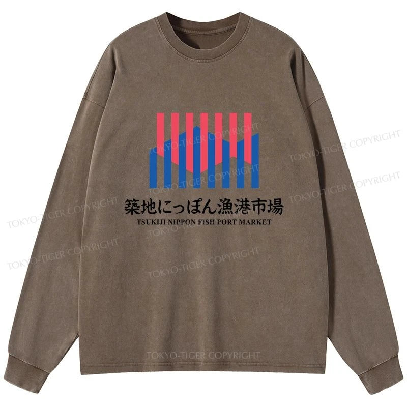 Tokyo-Tiger Tsukiji Nippon Fish Port Market Washed Long Sleeve T-Shirt