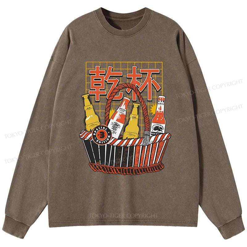 Tokyo-Tiger Have A Beer Together Washed Long Sleeve T-Shirt