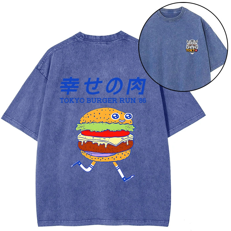 Tokyo-Tiger Tokyo Burger Run Japanese Front Back Washed T-Shirt