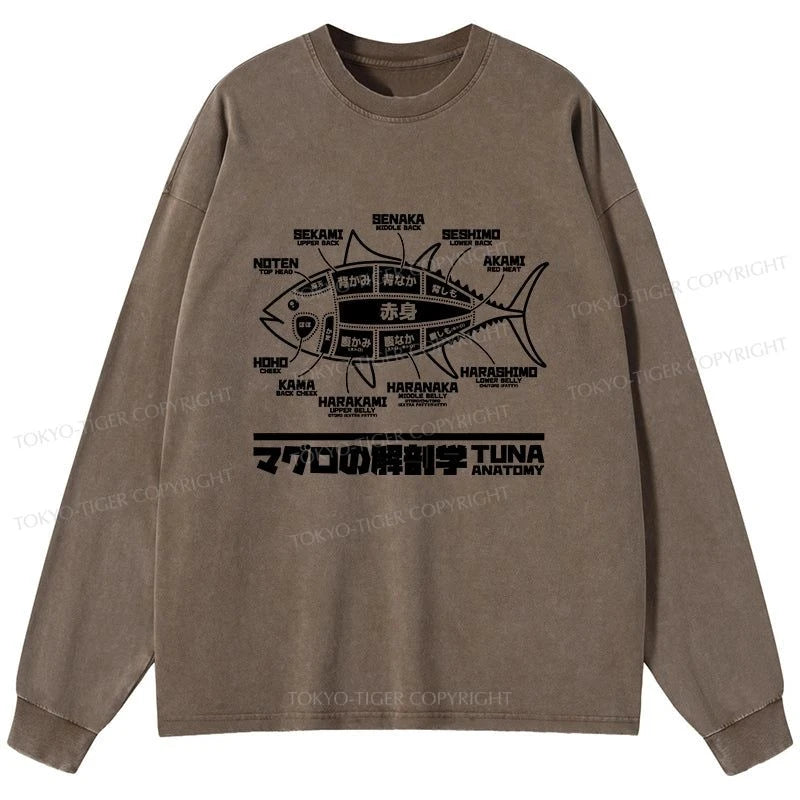 Tokyo-Tiger Tuna Dissection Map Japanese Washed Long Sleeve T-Shirt