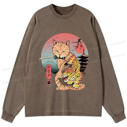 Tokyo-Tiger Katana Cat Tattoo Washed Long Sleeve T-Shirt