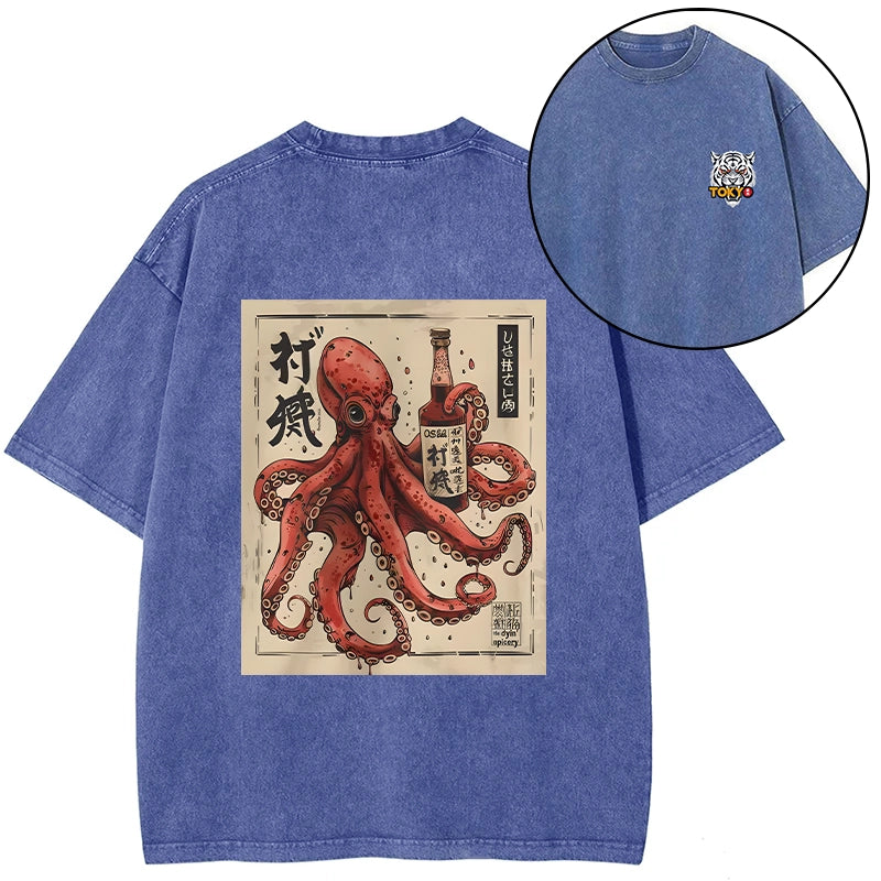 Tokyo-Tiger Osaka Saké Octopus Front Back Washed T-Shirt