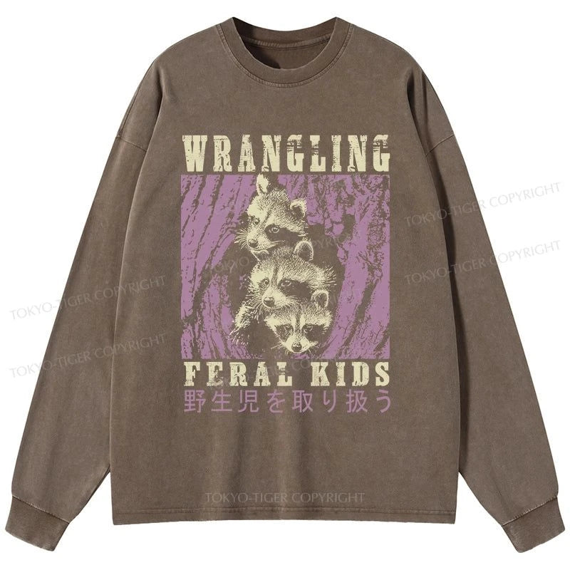 Tokyo-Tiger Wrangling Feral Raccoon Kids Washed Long Sleeve T-Shirt