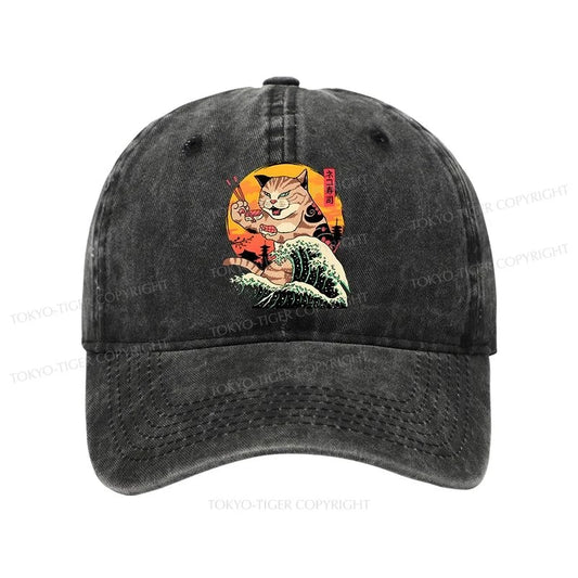 Tokyo-Tiger CatZilla Eating Sushi Japanese Wave Washed Cap