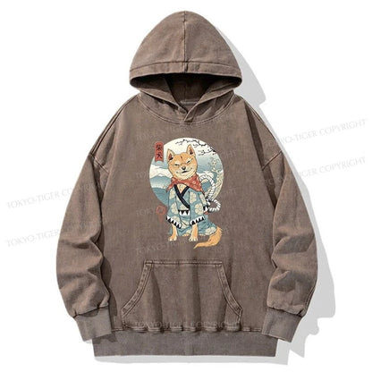 Tokyo-Tiger Samurai Shiba Dog Japanese Washed Hoodie