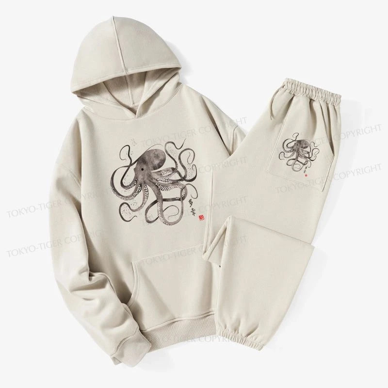 Tokyo-Tiger Octopus Japanese Calligraphy Fleece Lined Hoodie Set