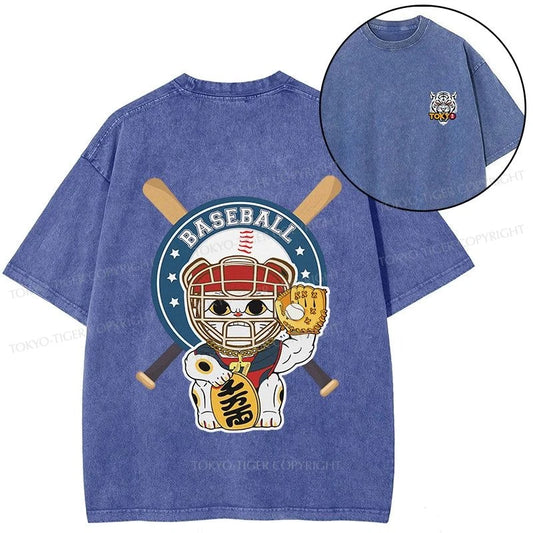 Tokyo-Tiger Janpaese Baseball Cat Front Back Washed T-Shirt