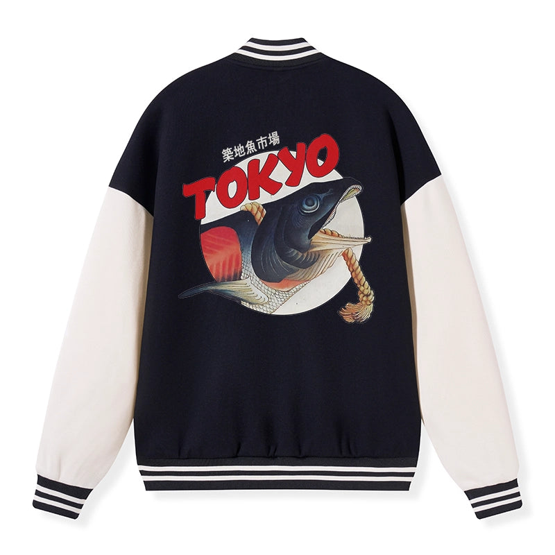 Tokyo-Tiger Vintage Japanese Tsukiji Fish Market Embroidery Varsity Jacket