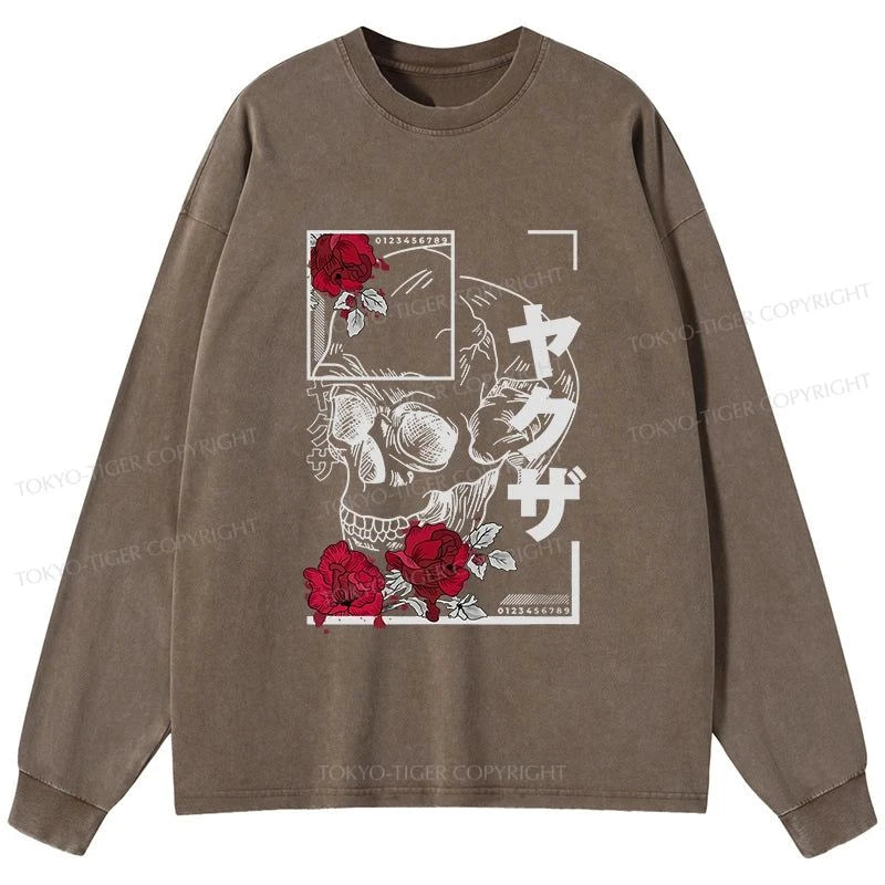 Tokyo-Tiger Skull Roses Japanese Aesthetic Washed Long Sleeve T-Shirt