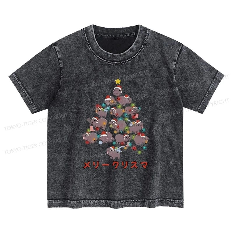 Tokyo-Tiger Moo Deng Christmas Tree Japanese Kids Washed T-Shirt