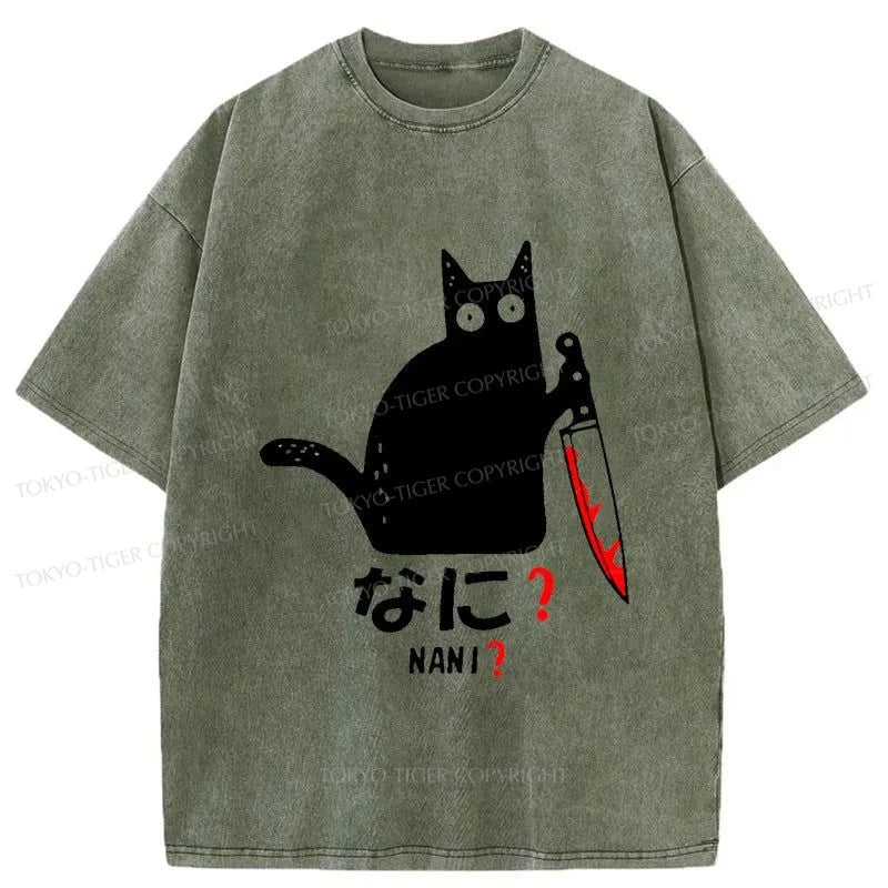 Tokyo-Tiger A Puzzled Cat Holding A Knife Washed T-Shirt