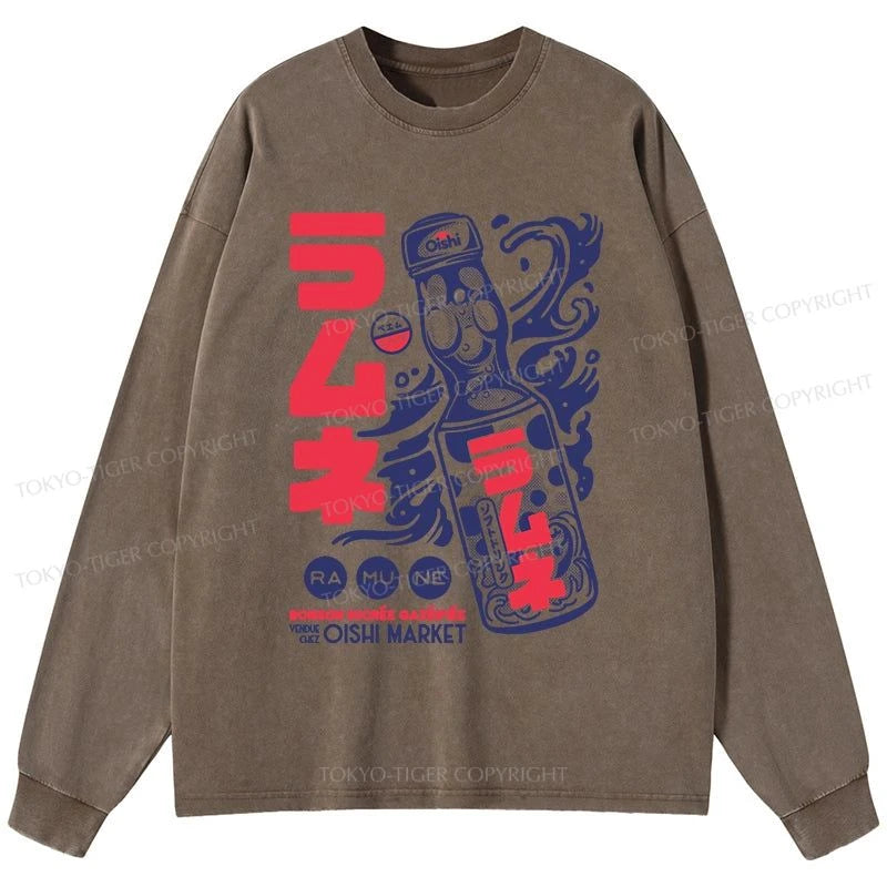 Tokyo-Tiger Ramune Print Japanese Washed Long Sleeve T-Shirt