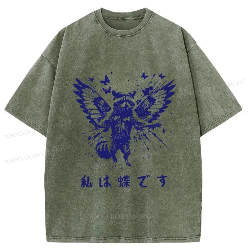 Tokyo-Tiger Raccoon Imagined He Was A Butterfly Washed T-Shirt