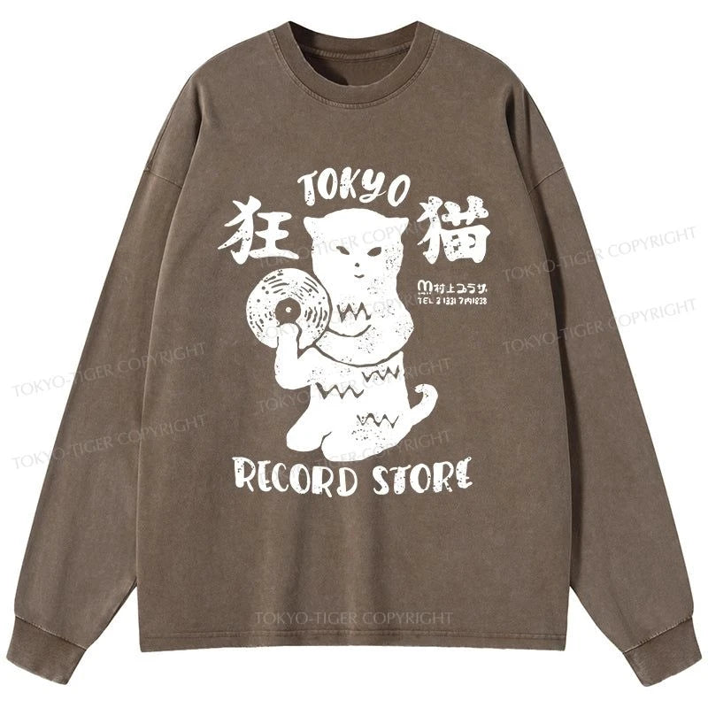 Tokyo-Tiger Tokyo Record Store Cat CD Washed Long Sleeve T-Shirt