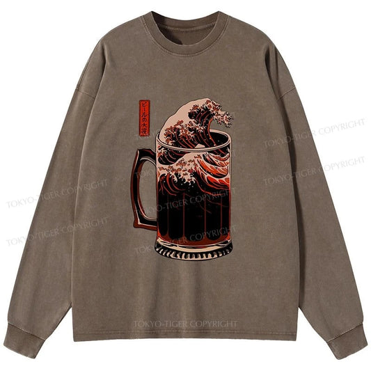 Tokyo-Tiger The Great Wave Of Beer Japanese Washed Long Sleeve T-Shirt