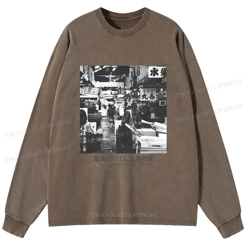 Tokyo-Tiger Tsukiji Fish Market Photo Washed Long Sleeve T-Shirt