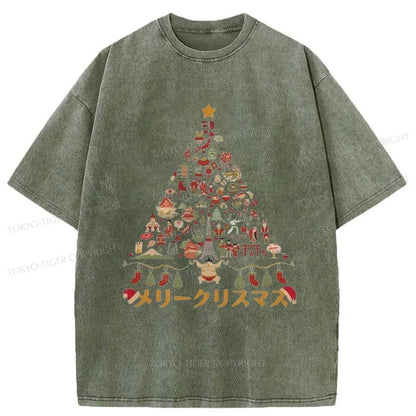 Tokyo-Tiger Japanese Christmas Tree Made Up of Icons Washed T-Shirt