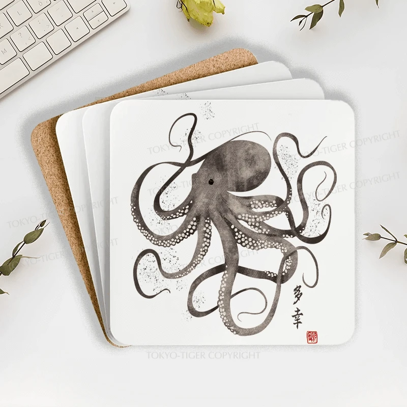 Tokyo-Tiger Octopus Japanese Calligraphy Coaster