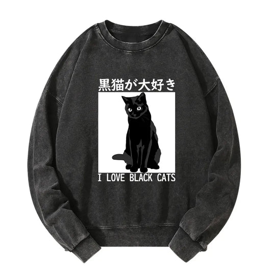 Tokyo-Tiger I LOVE BLACK CATS Japanese Washed Sweatshirt