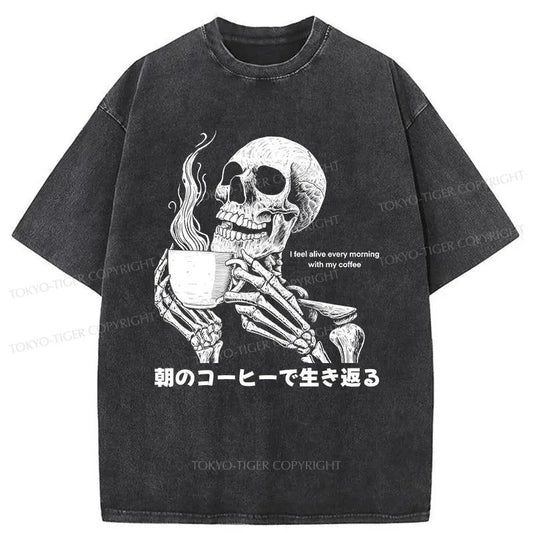 Tokyo-Tiger Skeleton Drinking Coffee Washed T-Shirt