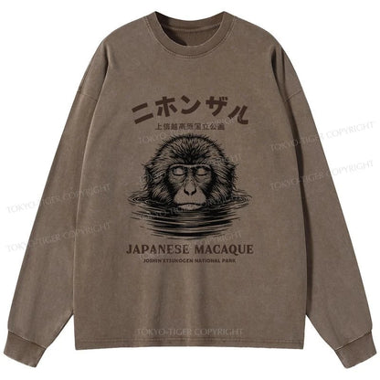 Tokyo-Tiger The Macaque Monkey In The Bath Japanese Washed Long Sleeve T-Shirt