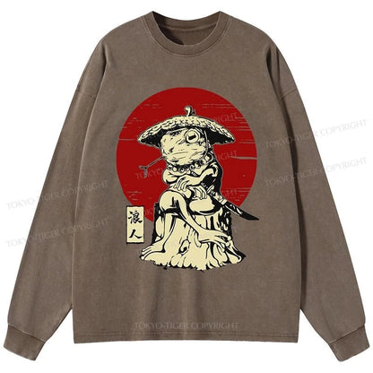 Tokyo-Tiger Rounin Japanese Frog Samurai Washed Long Sleeve T-Shirt