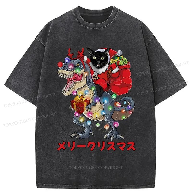 Tokyo-Tiger Cat Riding Dinosaur Christmas Washed T-Shirt