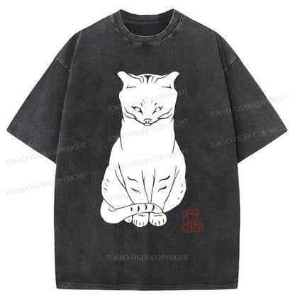 Tokyo-Tiger Black Cat Print Japanese Washed T-Shirt