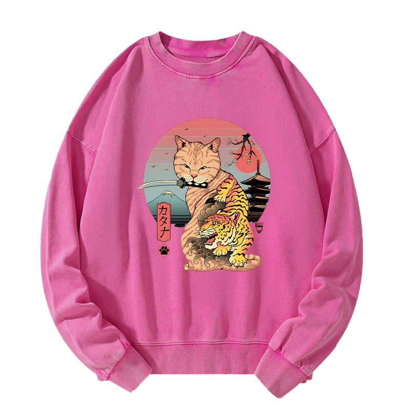 Tokyo-Tiger Katana Cat Tattoo Washed Sweatshirt