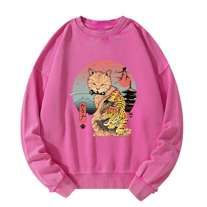 Tokyo-Tiger Katana Cat Tattoo Washed Sweatshirt