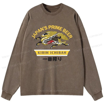 Tokyo-Tiger Kirin Ichiban Beer Logo Japanese Washed Long Sleeve T-Shirt