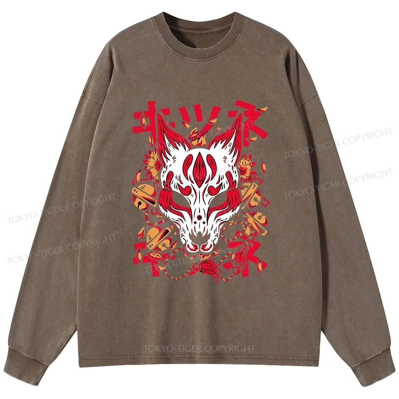 Tokyo-Tiger Japanese Kitsune Mask Washed Long Sleeve T-Shirt