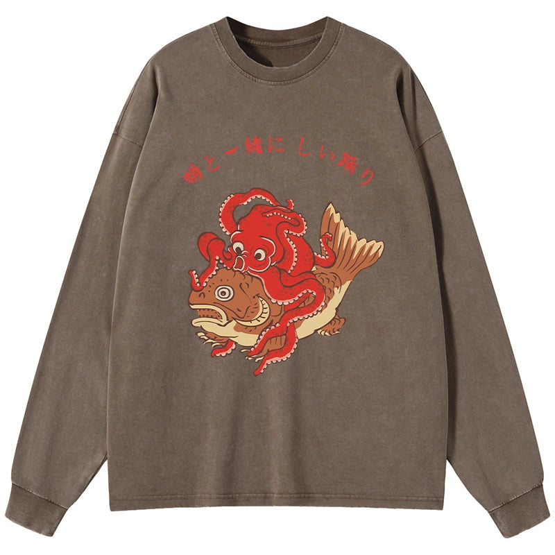 Tokyo-Tiger Octopus And Koi Dance Together Washed Long Sleeve T-Shirt