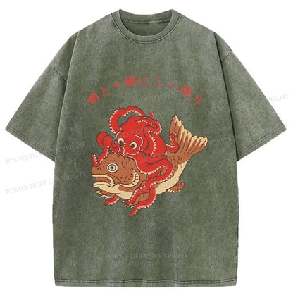 Tokyo-Tiger Octopus And Koi Dance Together Washed T-Shirt