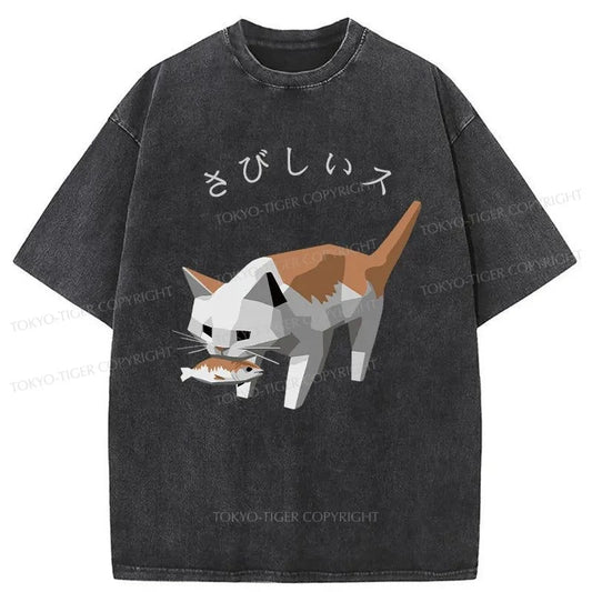 Tokyo-Tiger Cat Eat Fish Washed T-Shirt