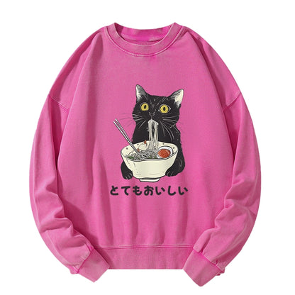 Tokyo-Tiger Cats Eat Ramen Noodles Washed Sweatshirt