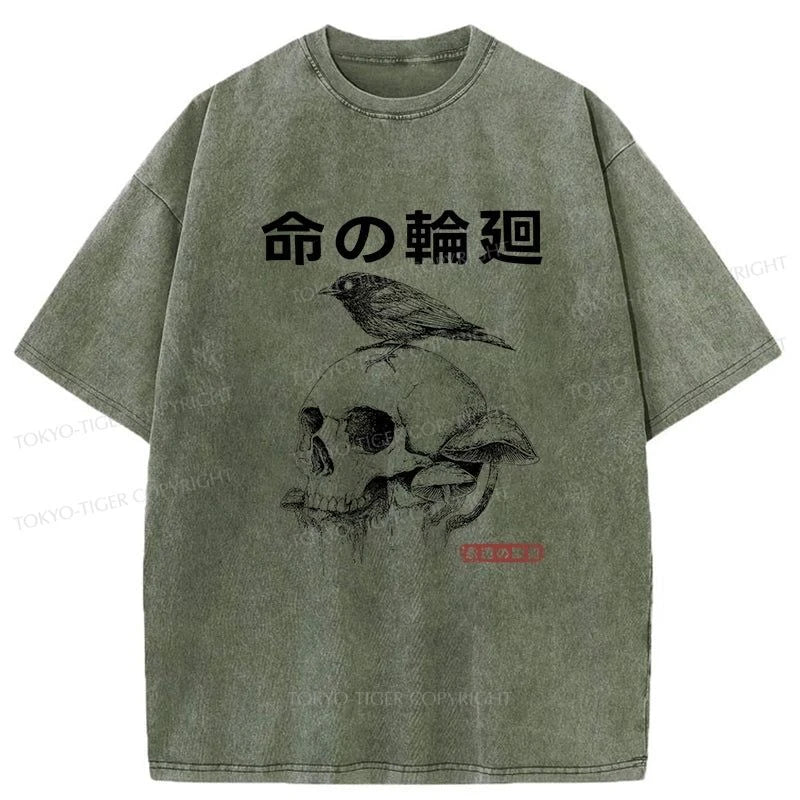 Tokyo-Tiger Mushroom Skull Manga Horror Print Washed T-Shirt