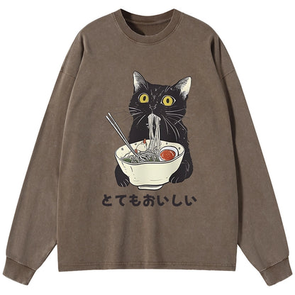 Tokyo-Tiger Cats Eat Ramen Noodles Washed Long Sleeve T-Shirt