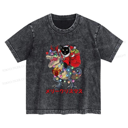 Tokyo-Tiger Cat Riding Dinosaur Christmas Kids Washed T-Shirt