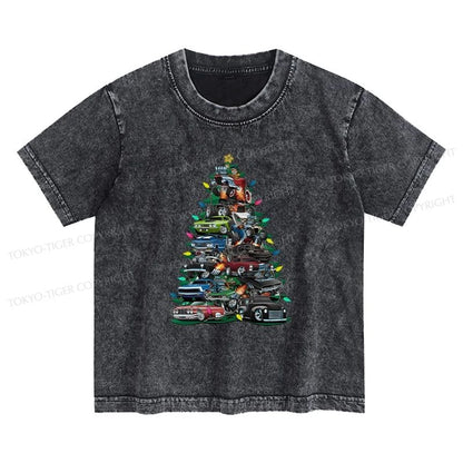 Tokyo-Tiger Christmas Tree Car Kids Washed T-Shirt