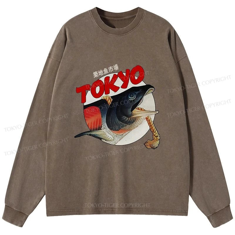 Tokyo-Tiger Vintage Japanese Tsukiji Fish Market Washed Long Sleeve T-Shirt