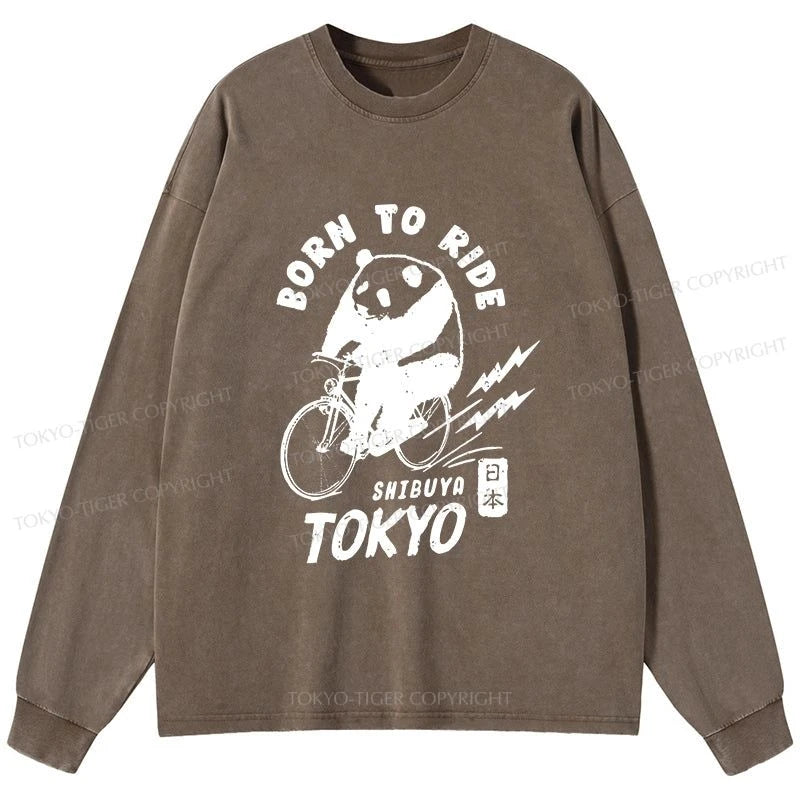 Tokyo-Tiger Pandas Ride Bicycles Washed Long Sleeve T-Shirt