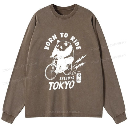 Tokyo-Tiger Pandas Ride Bicycles Washed Long Sleeve T-Shirt